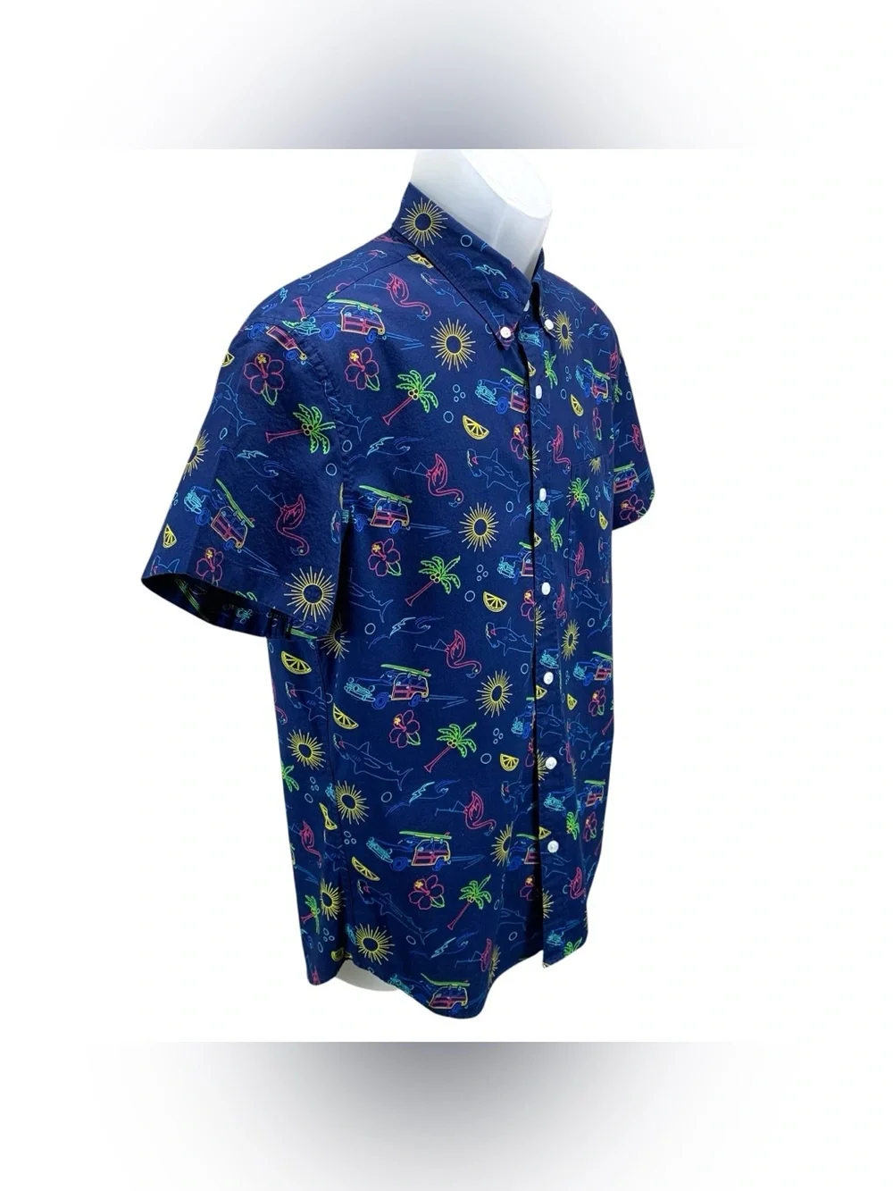 J.Crew Flex Washed Men’s Medium Button Down Shirt Blue Beach‎ Print Slim Fit